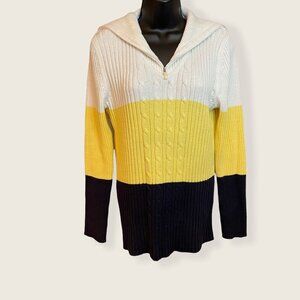 Liz Claiborne Womens White Yellow Navy Cotton Ribbed Knit Sweater Large Pullover